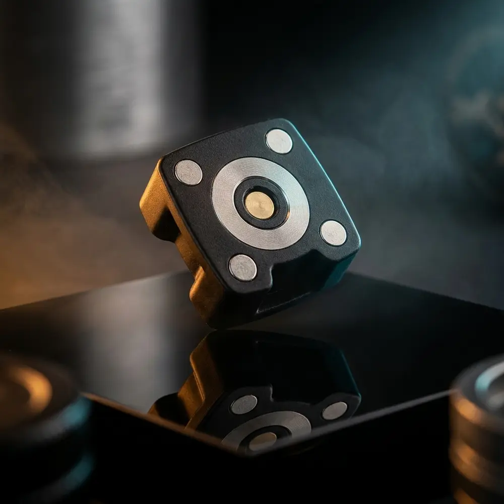 Adaptador 510 para Vinci Voopoo suspenso acima de placa acrilica preta, reflexos quentes e frios, ambiente premium - Vapor Gringo