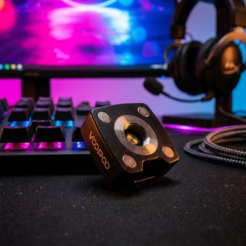 Adaptador 510 Voopoo apoiado em bancada gamer com teclado RGB, headset e luzes neon, cena urbana - Vapor Gringo