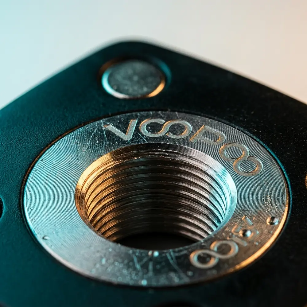 Detalhe macro do Adaptador 510 Voopoo mostrando rosca, anel magnetico e acabamento metalico com reflexos - Vapor Gringo