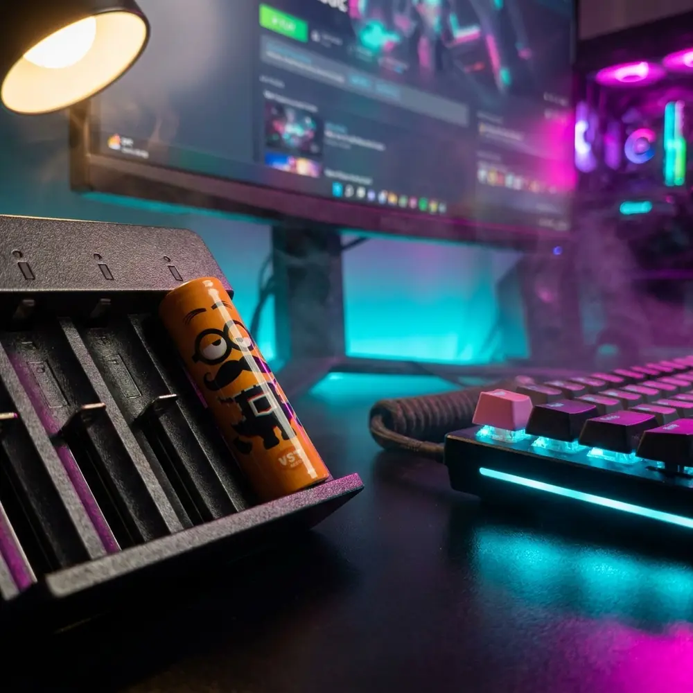 Adesivo para bateria 18650 apoiado no desktop gamer ao lado de teclado com luzes RGB e monitor desfocado - Vapor Gringo
