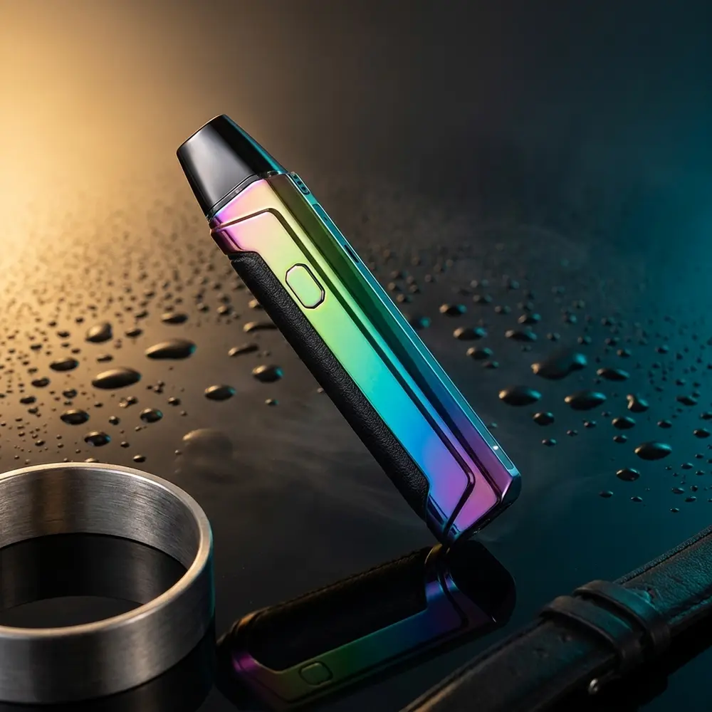 Kit Pod Aegis One 780mAh sobre acrilico preto brilhante com reflexos dourados e detalhes metalicos - Vapor Gringo