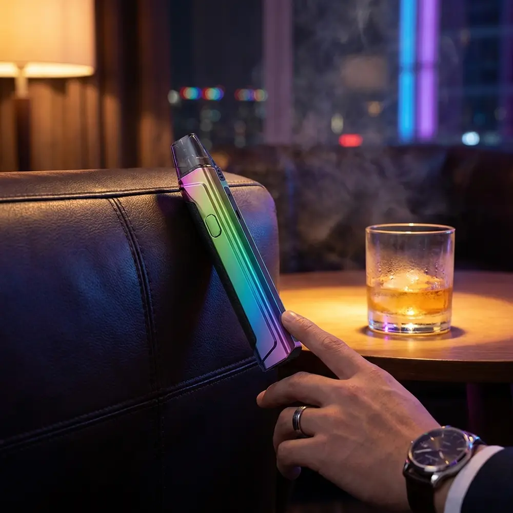 Aegis One 780mAh apoiado em braco de couro num lounge luxuoso com copo e luzes urbanas ao fundo - Vapor Gringo
