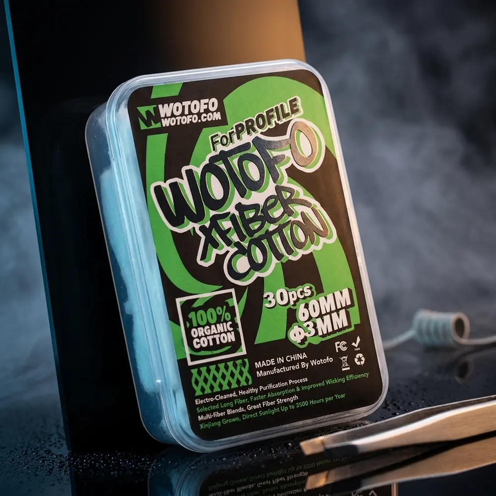 Pacote Algodão XFiber Organic Wotofo sobre acrílico brilhante com iluminação dramática e reflexos - Vapor Gringo