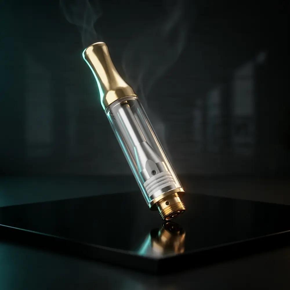 Atomizador 1ml cerâmica 1.8ohm sobre acrílico preto com iluminação dramática e reflexos luxuosos - Vapor Gringo