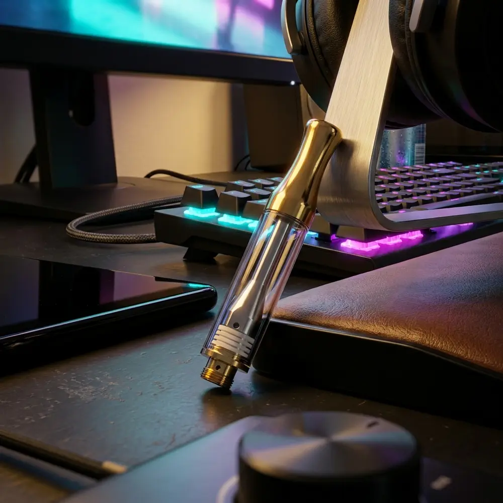 Atomizador 1ml cerâmica 1.8ohm apoiado em mesa gamer com teclado RGB e atmosfera urbana noturna - Vapor Gringo