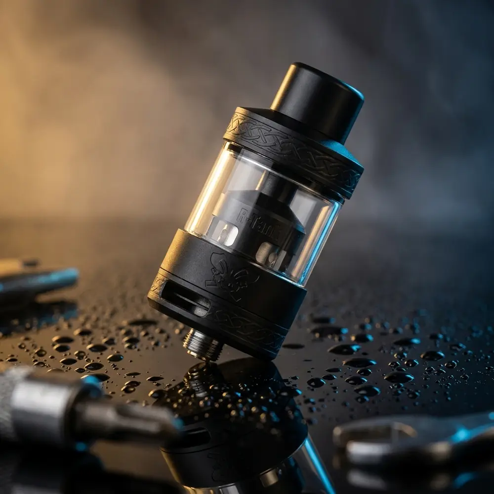 Atomizador Dead Rabbit R Tank Hellvape apoiado em acrílico preto molhado, iluminação dourada e azul e reflexos metálicos - Vapor Gringo