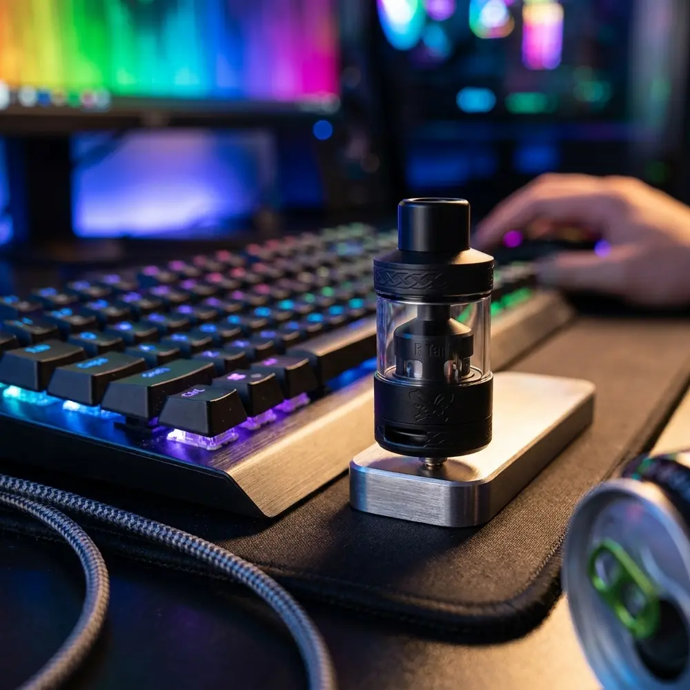 Atomizador Dead Rabbit R Tank Hellvape em mesa gamer RGB, perto de teclado mecânico com luzes neon e acessórios - Vapor Gringo