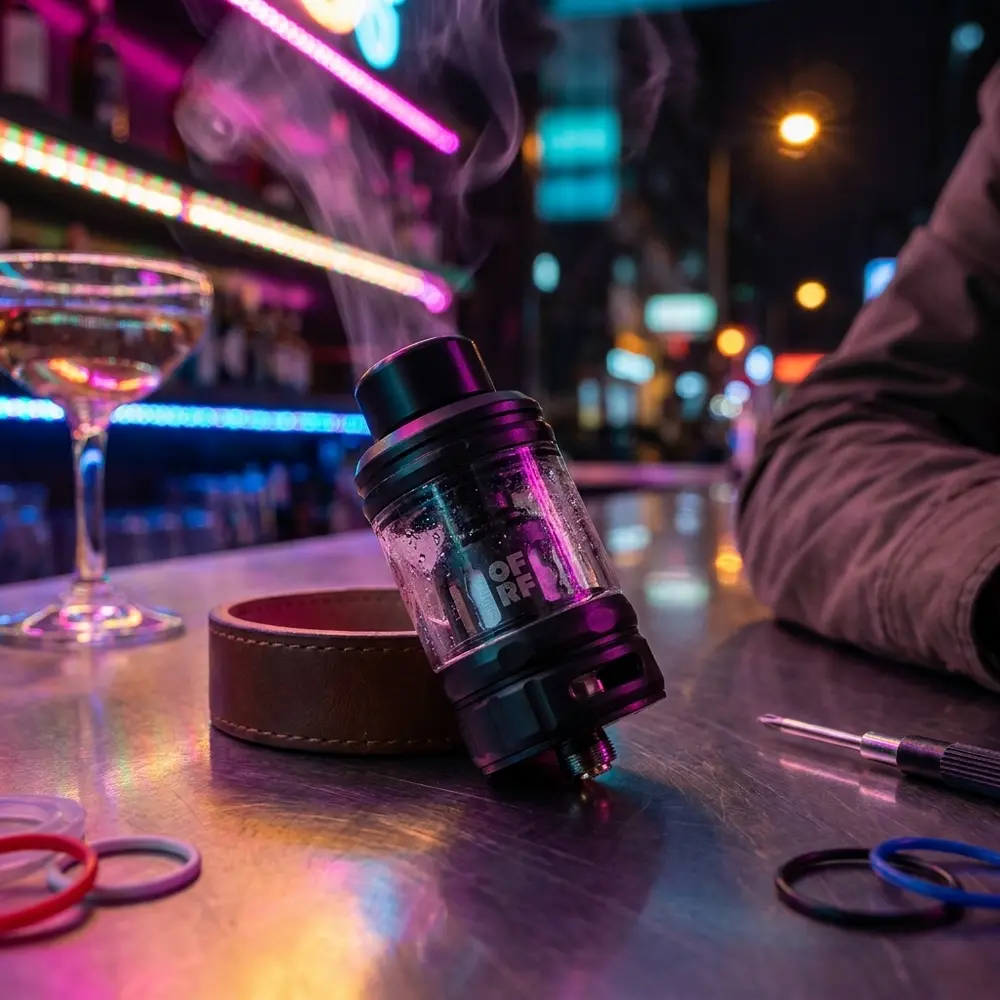 Atomizador nexMESH 25mm OFRF apoiado em bancada metálica com neon urbano, bokeh RGB e copo desfocado - Vapor Gringo