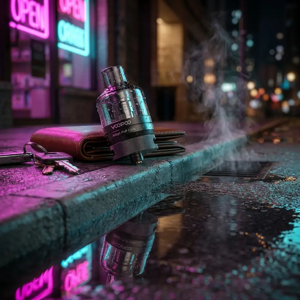Atomizador PNP Pod Tank Voopoo encostado em beiral molhado com neon urbano borrado e reflexos RGB na poça - Vapor Gringo