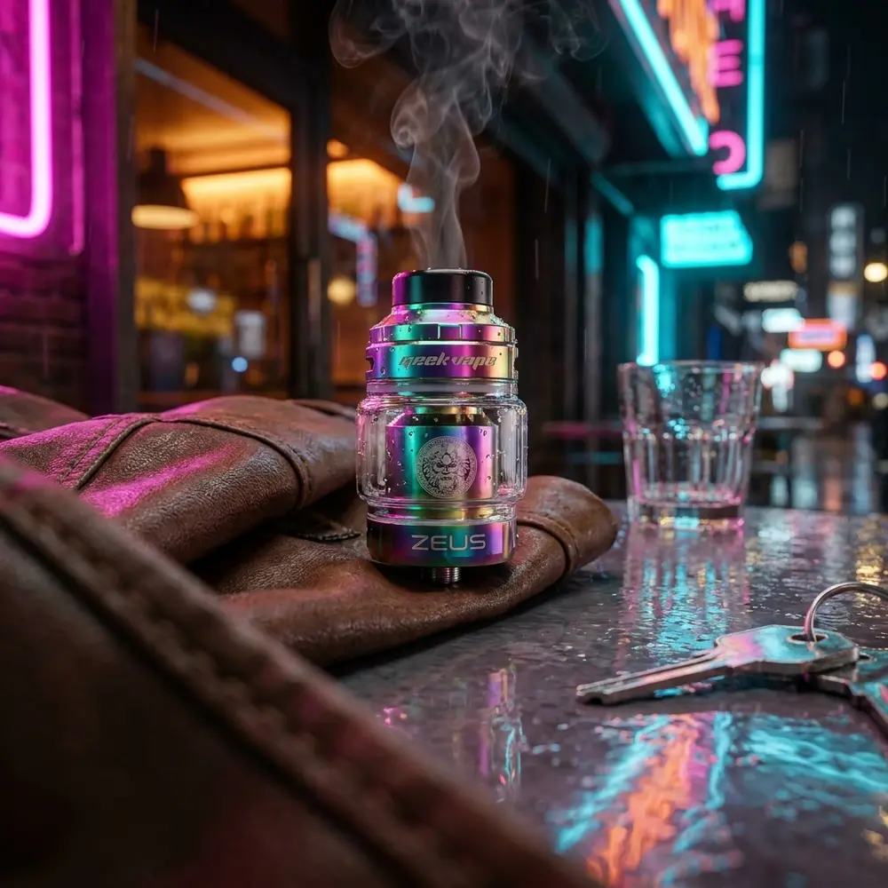 Atomizador Zeus X 2 Mesh RTA sobre mesa de bar urbana com reflexos neon e jaqueta ao fundo - Vapor Gringo
