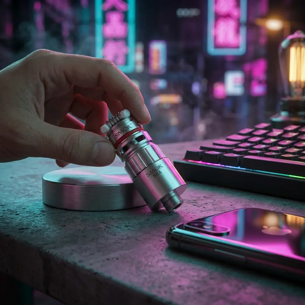 Base RBA RPM 80 RGc da Smok apoiada em mesa industrial com teclado RGB e neon ao fundo - Vapor Gringo