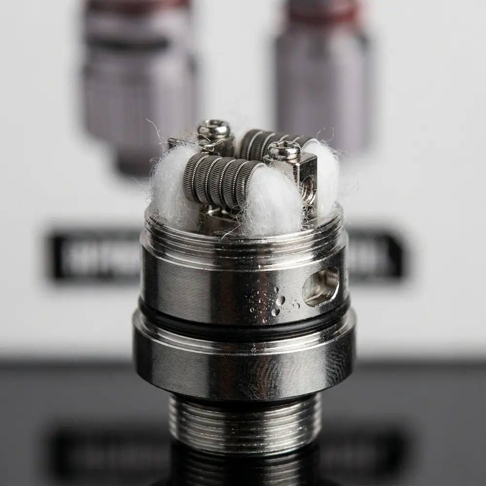 Detalhe macro da Base RBA RPM 80 RGc Smok mostrando rosca, acabamento metalico e algodao - Vapor Gringo