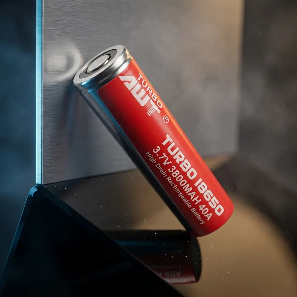 Bateria 18650 Turbo AWT apoiada em base acrílica preta com destaque do rótulo e reflexos premium - Vapor Gringo