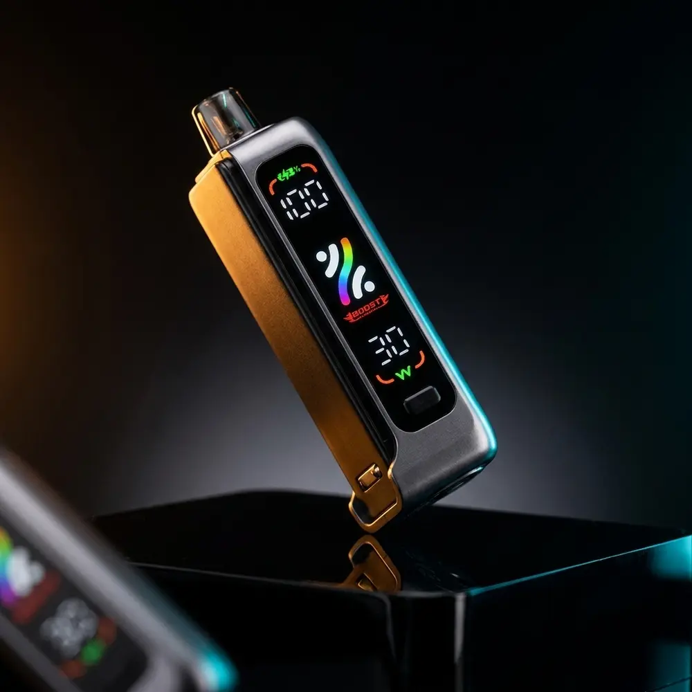 Bateria Svopp G32K gunmetal suspensa sobre plinto acrilico reflexivo, display LED aceso e luzes âmbar e ciano - Vapor Gringo