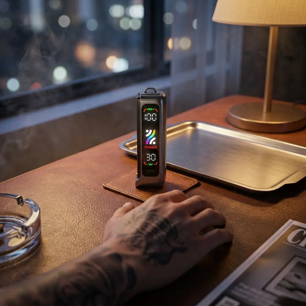 Bateria Svopp G32K apoiada em mesa de couro e metal em lounge urbano com luzes quentes e reflexos noturnos - Vapor Gringo