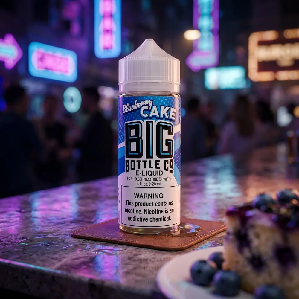 Frasco Big Bottle Co. Blueberry Cake 120ml em balcão urbano molhado com luzes neon e fatia de bolo desfocada. - Vapor Gringo