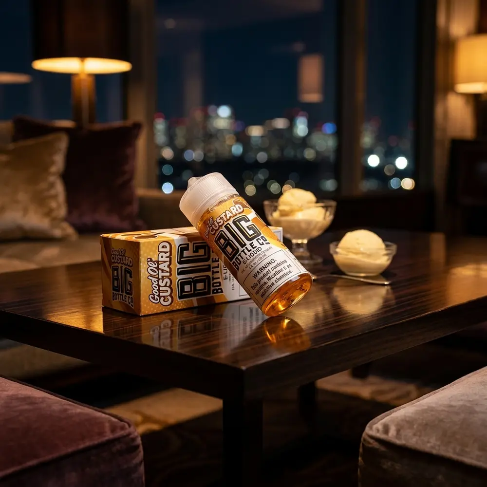 Frasco Big Bottle Co. Good Ol' Custard 120ml sobre mesa de lounge luxuoso com luzes ambar e bokeh da cidade ao fundo - Vapor Gringo