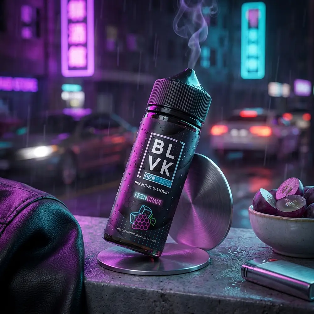 Líquido Blvk Unicorn FRZN Grape Tundra apoiado em mesa molhada numa cena urbana neon, reflexos e uvas - Vapor Gringo
