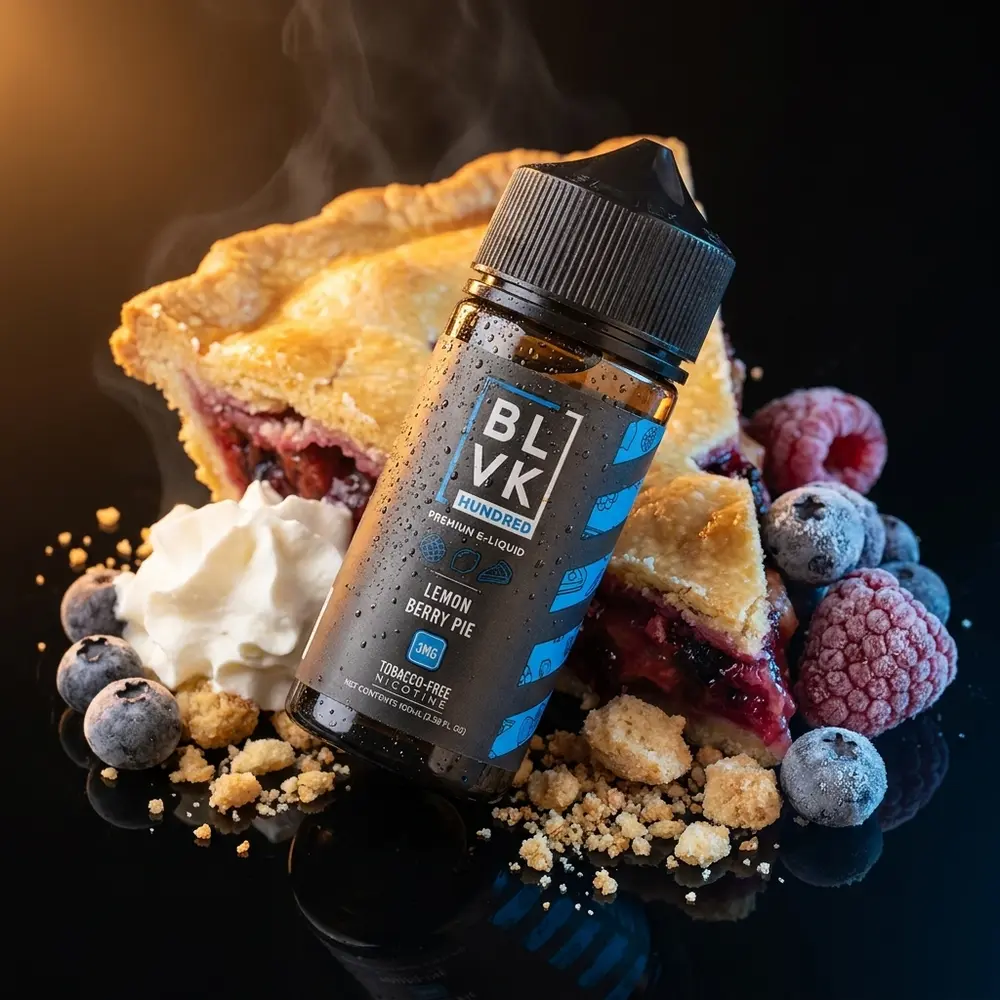 Frasco do liquido blvk unicorn lemon berry pie sobre base preta com torta, frutas e reflexos quentes - Vapor Gringo