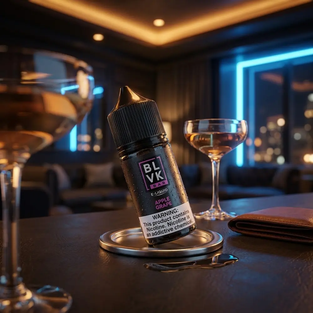 Garrafa BLVK Unicorn Salt Apple Grape Ice apoiada em balcão de lounge luxuoso com copo e luzes quentes - Vapor Gringo