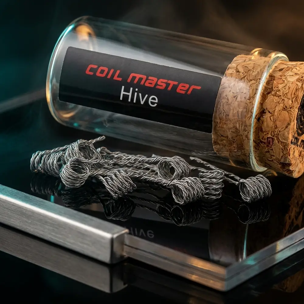 Bobina Prebuilt Premium Coil Master sobre acrílico preto com iluminação RGB e reflexos dramáticos - Vapor Gringo