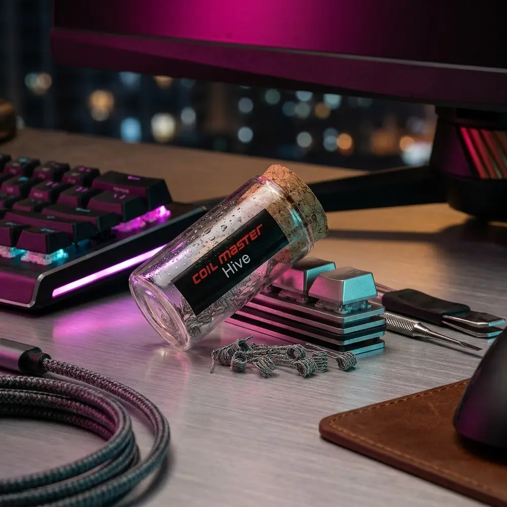 Pacote Bobina Prebuilt Premium Coil Master apoiado em mesa gamer com teclado RGB e bokeh urbano ao fundo - Vapor Gringo