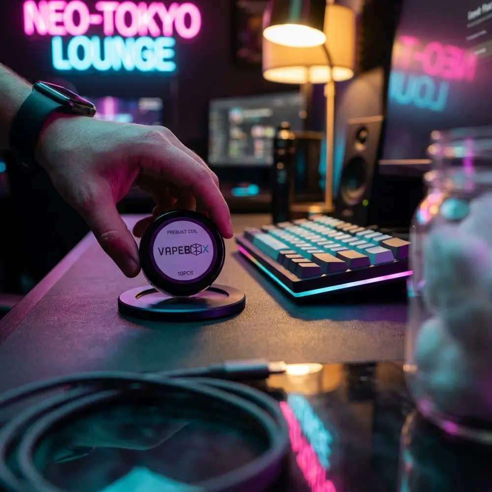 Pack de 10 bobinas Vapebox em setup cyberpunk com teclado RGB e reflexos neon ao redor - Vapor Gringo