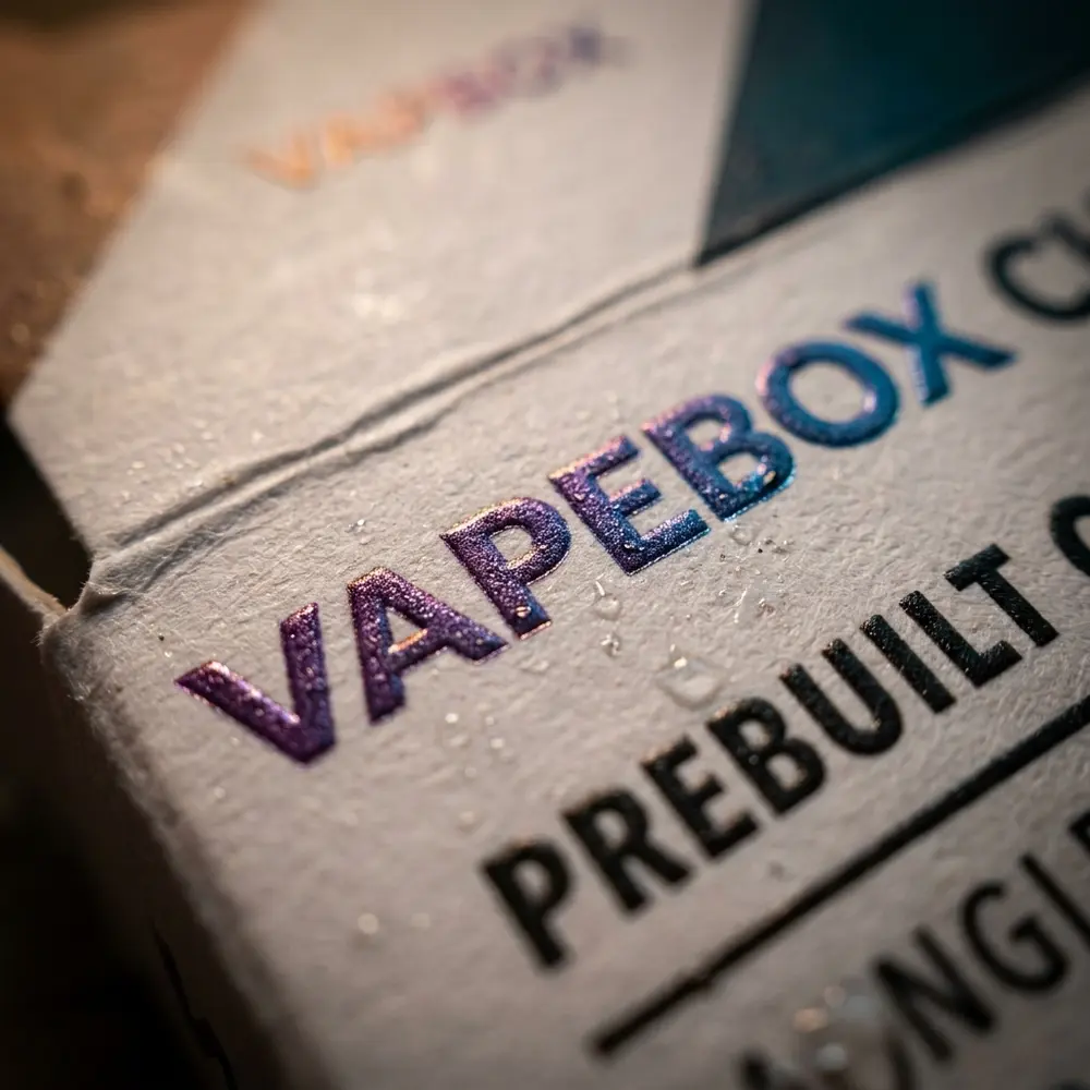 Macro da embalagem Vapebox mostrando logo, textura do material, brilho metalico e gotas de condensacao - Vapor Gringo
