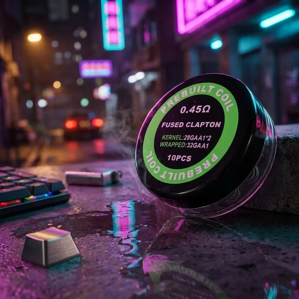Pack de bobinas Fused Clapton 0,45ohm apoiado em mesa RGB com teclado, iluminação neon e ambiente urbano noturno - Vapor Gringo