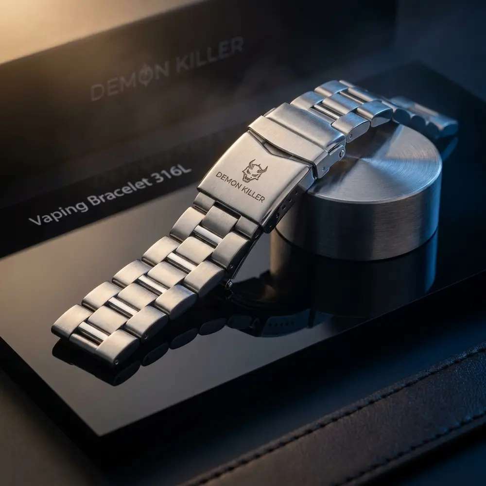 Bracelete Demon Killer em aço inox sobre acrílico preto com iluminação dramática e reflexos luxuosos - Vapor Gringo