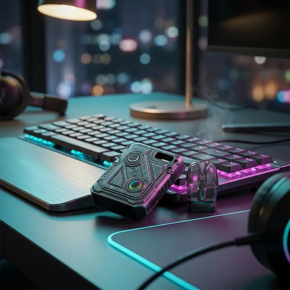 Kit Caliburn GK3 Tenet Uwell sobre mesa RGB de gaming com teclado mecânico e luzes neon desfocadas ao fundo - Vapor Gringo