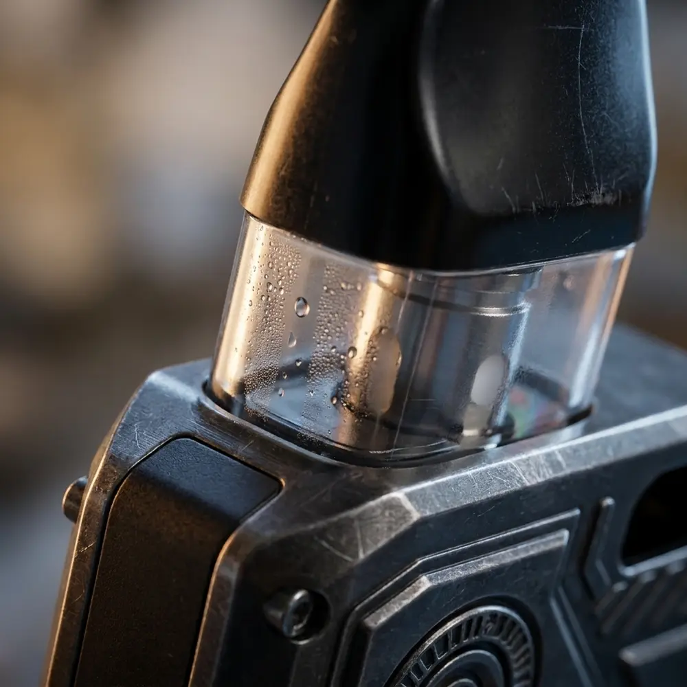 Macro do Caliburn GK3 Tenet Uwell mostrando bocal, acabamento anodizado, detalhes de condensacao e textura do pod - Vapor Gringo
