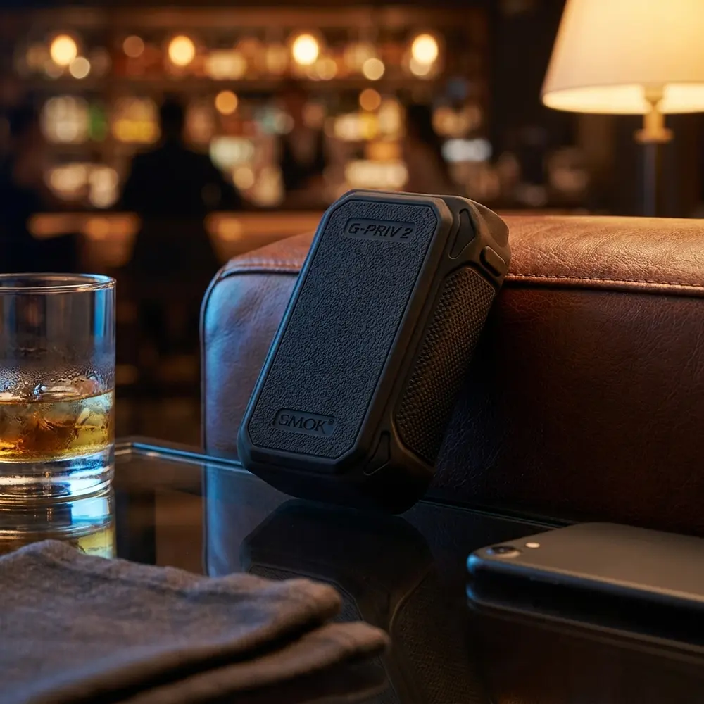 Capa de Protecao G-Priv 2 da Smok apoiada em braço de couro de lounge junto a copo de whisky - Vapor Gringo