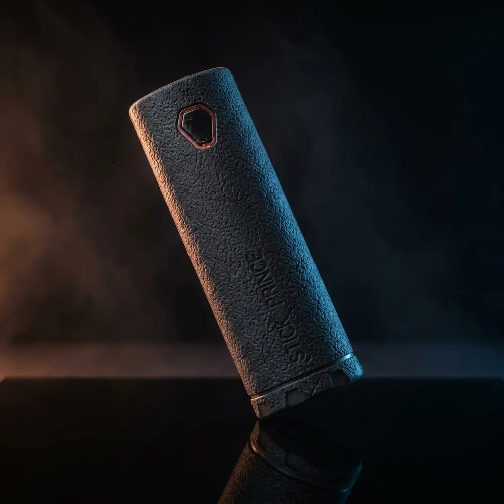 Capa de protecao Stick Prince sobre base acrilica preta com luzes cobre e azul, close publicitario - Vapor Gringo