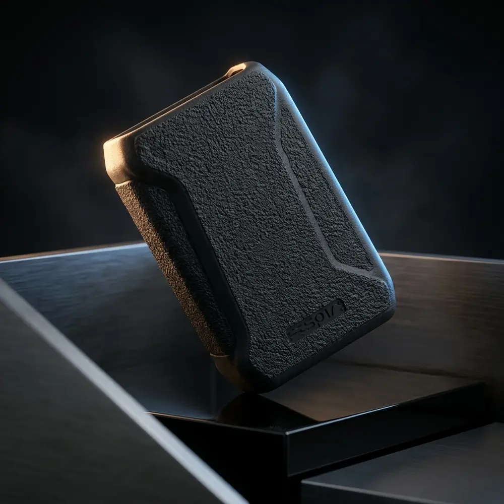 Capa de protecao H-Priv 2 Smok em silicone apoiada em bloco acrilico preto com luzes quentes e frias - Vapor Gringo
