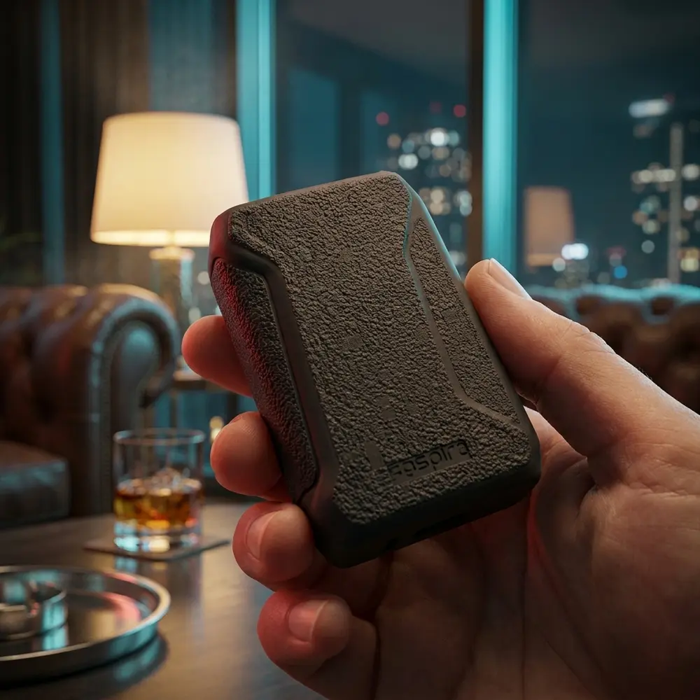 Capa de protecao H-Priv 2 Smok segurada por mao em lounge luxuoso com vidro e luzes de cidade ao fundo - Vapor Gringo