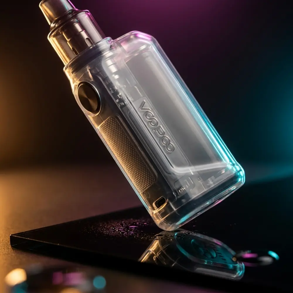 Capa de protecao Mojo Voopoo em silicone transparente sobre acrilico preto com reflexos neon - Vapor Gringo
