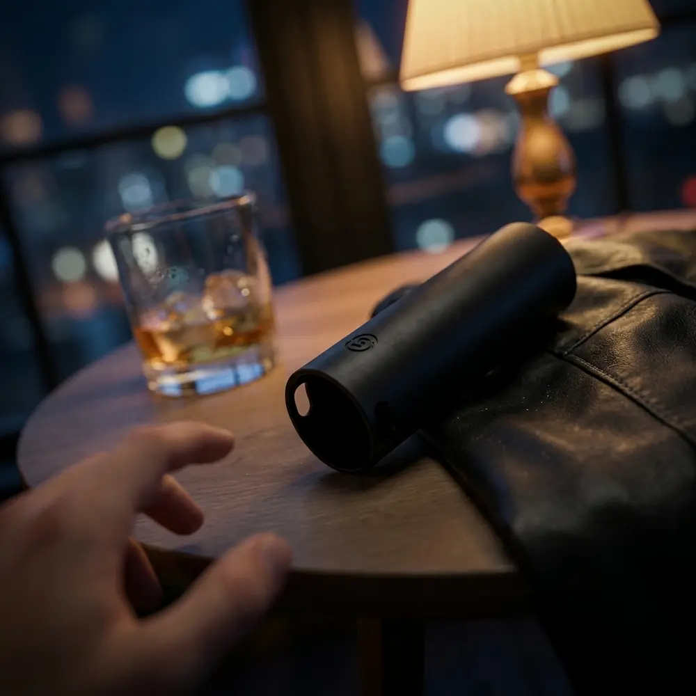 Capa de protecao Pen 22 Smok sobre jaqueta de couro em lounge noturno, copo e luzes de cidade ao fundo - Vapor Gringo