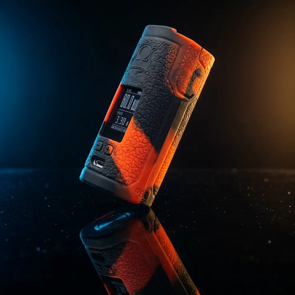 Capa de protecao Sinuous P80 preta com detalhe vermelho sobre superficie acrilica preta com reflexos e textura visivel - Vapor Gringo