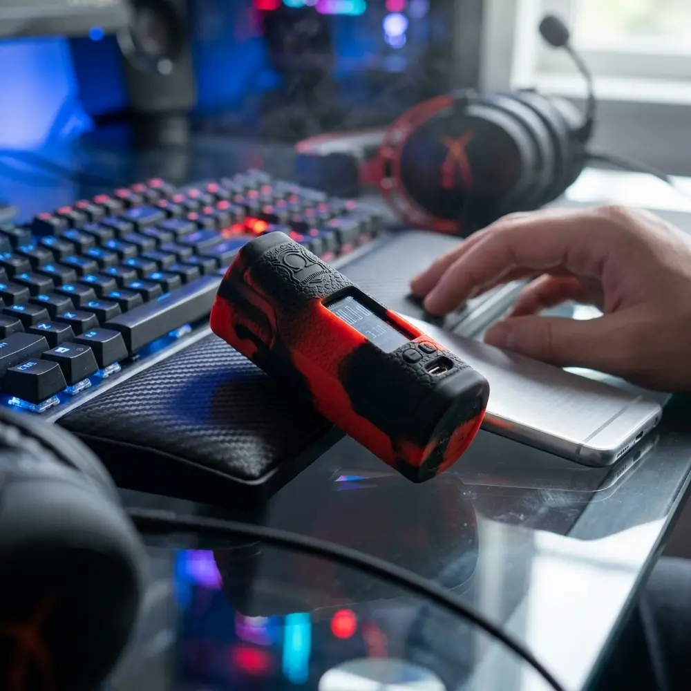 Capa Sinuous P80 preta com vermelho apoiada em mesa gamer com teclado RGB, mouse e fone ao fundo - Vapor Gringo