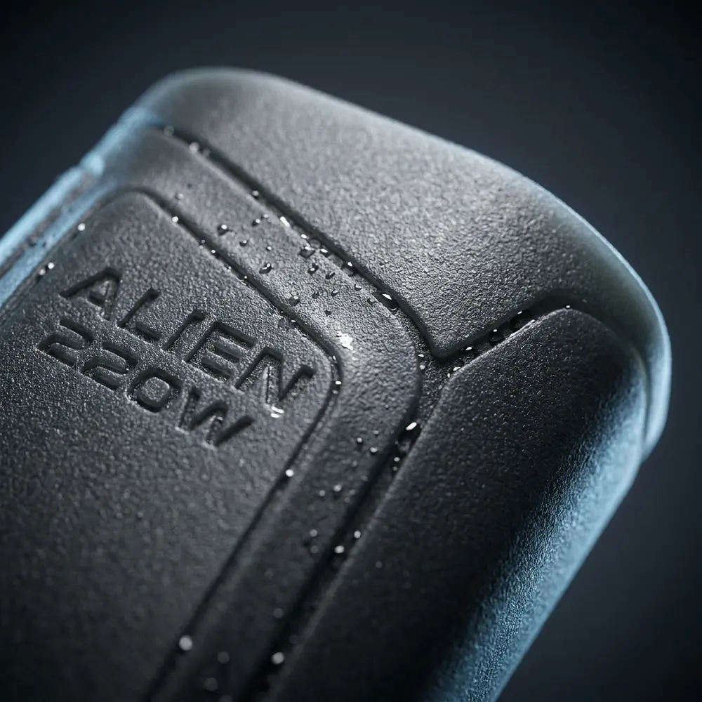 Detalhe macro da textura de silicone da capa protetora Alien 220w da Smok com gotas - Vapor Gringo