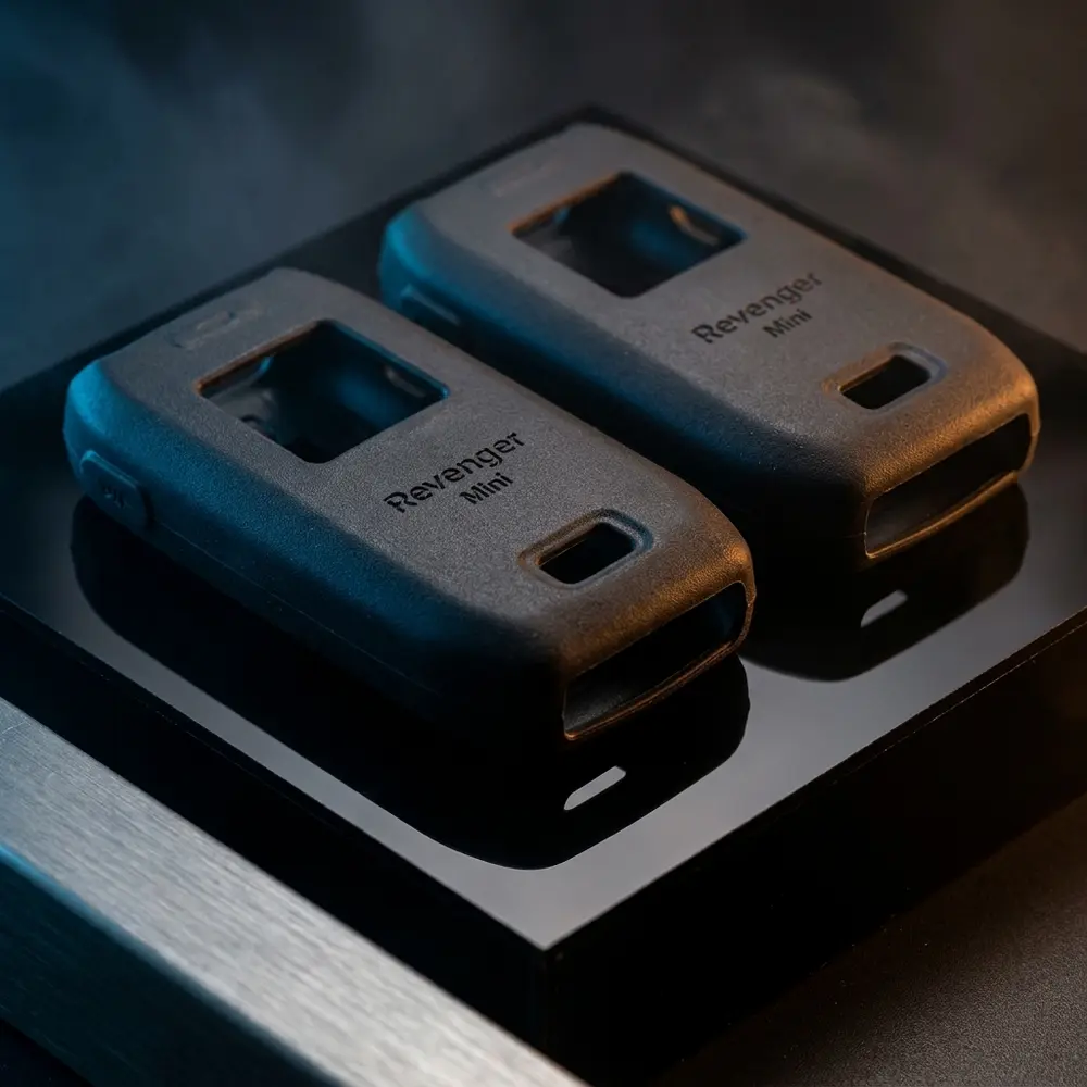 Capa protetora Vaporesso Revenger Mini em silicone preto sobre base acrílica brilhante com iluminação azul e âmbar intensa - Vapor Gringo