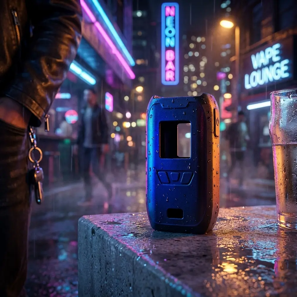 Capa protetora Revenger Mini em silicone preto apoiada em borda molhada de bar com reflexos néon azuis e magenta - Vapor Gringo