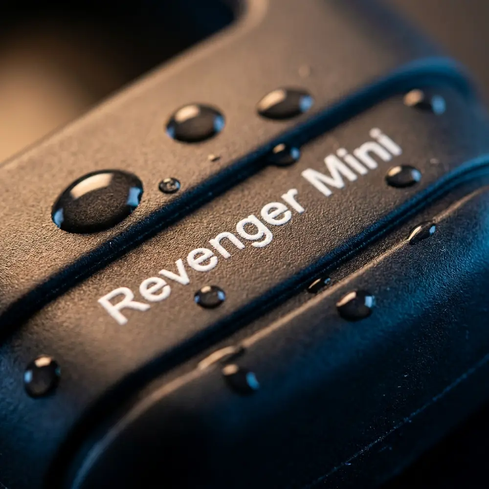 Macro da capa protetora Revenger Mini mostrando textura do silicone, costura e gotas de condensação no logo - Vapor Gringo