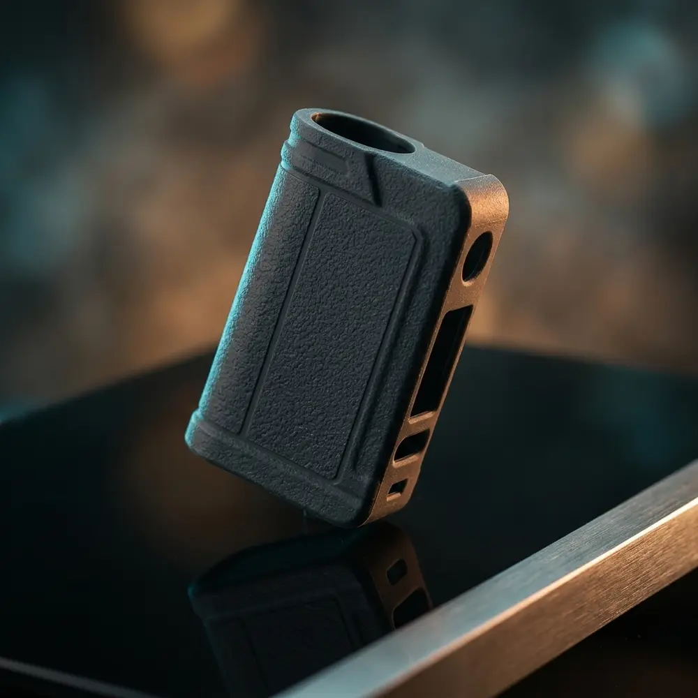 Capa de silicone Therion DNA 75C transparente suspensa sobre base acrilica preta com luzes quentes e reflexos - Vapor Gringo