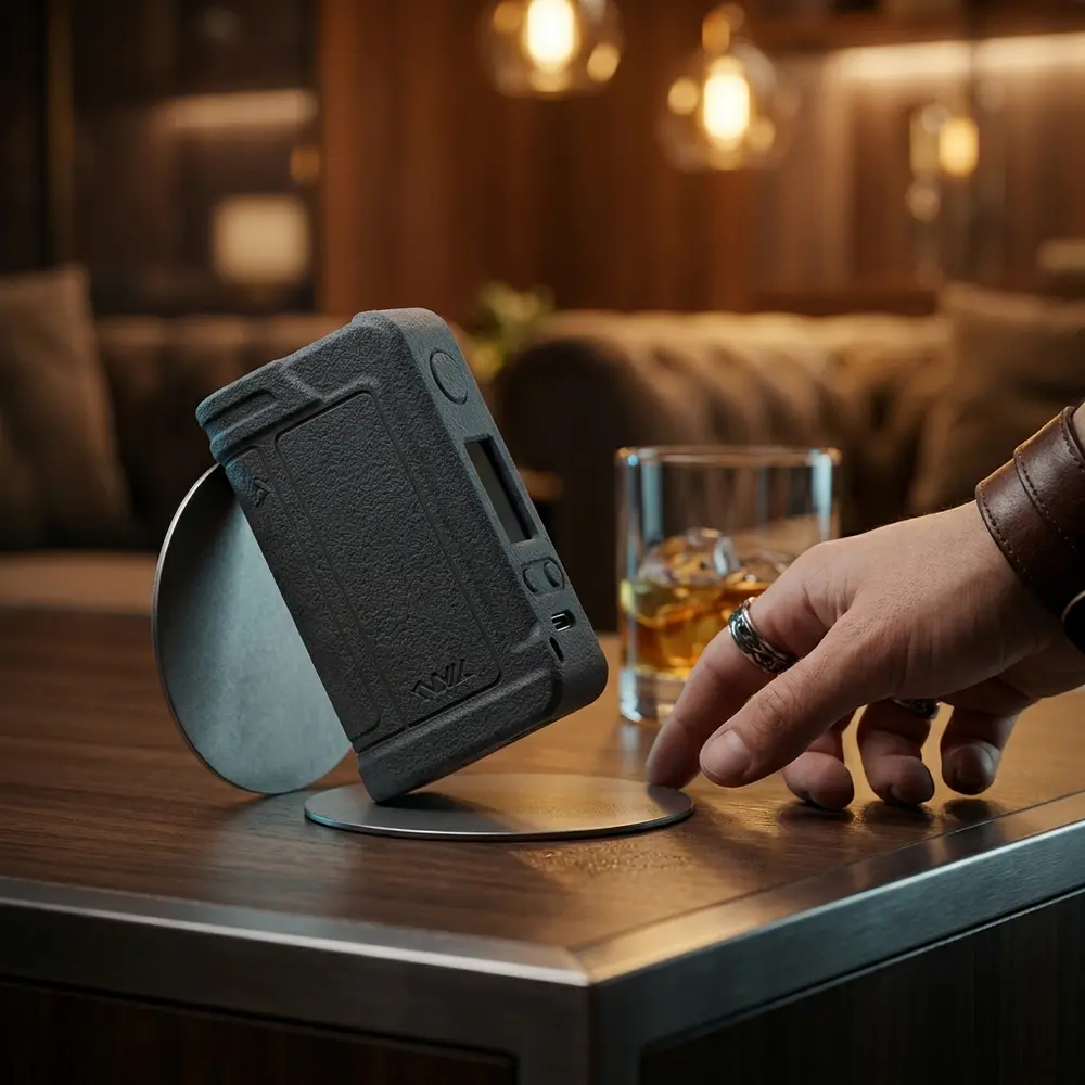 Capa de protecao Therion DNA 75C transparente apoiada em bancada de lounge com luzes ambientais e objetos premium - Vapor Gringo