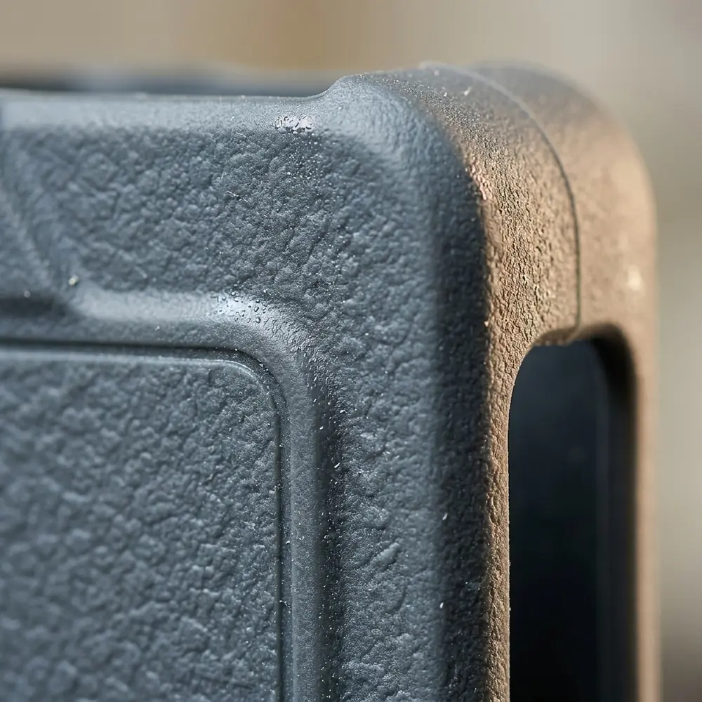 Detalhe macro da capa de silicone Therion DNA 75C mostrando textura, bordas e reflexos com condensacao leve - Vapor Gringo