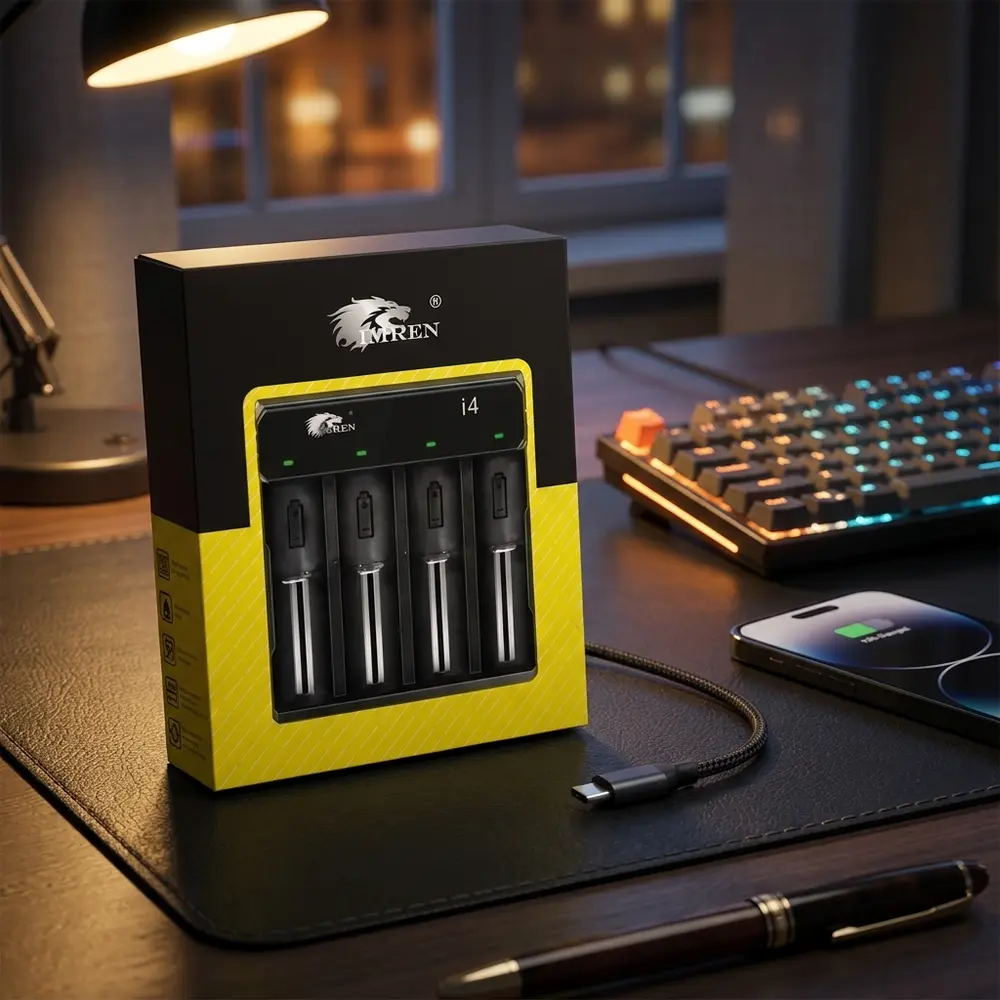 Carregador I4 Imren em mesa masculina de couro com teclado RGB desfocado e cabo USB-C visível - Vapor Gringo