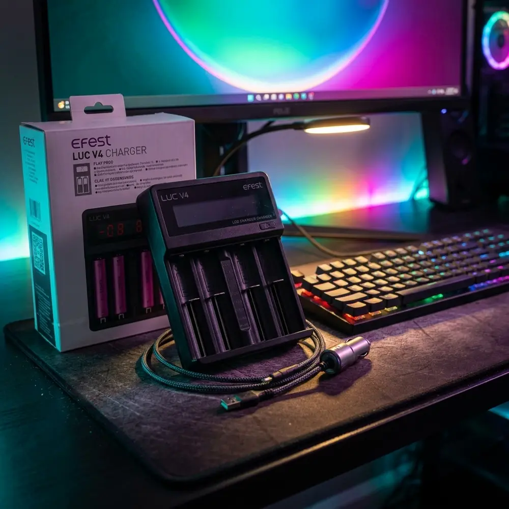 Carregador LUC V4 Efest numa mesa gamer RGB, apoiado no mousepad com teclado iluminado ao fundo - Vapor Gringo