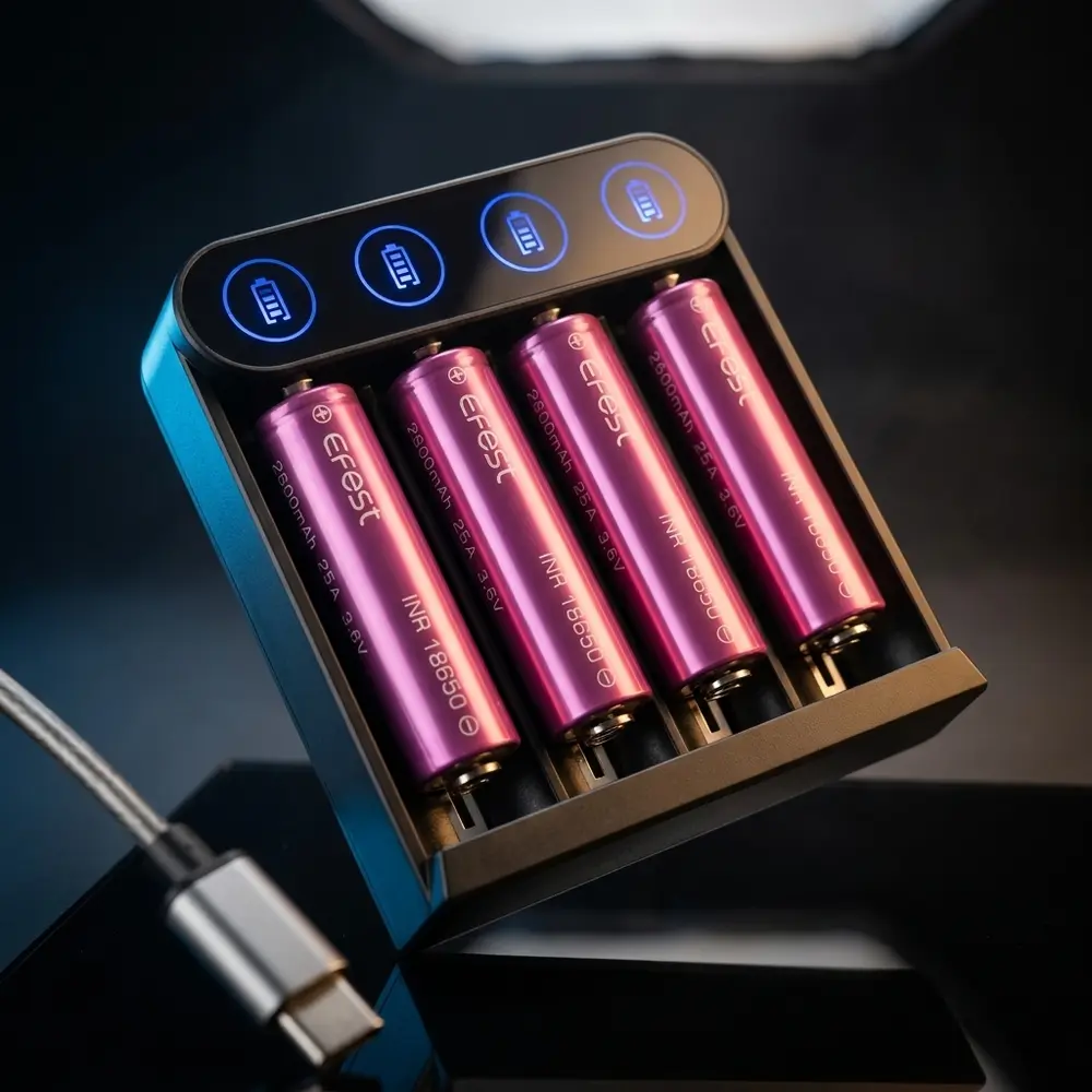 Carregador Slim K4 Efest suspenso sobre placa acrílica preta com iluminação dramática e reflexos metálicos - Vapor Gringo